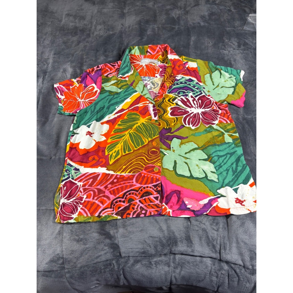 Jams World Womens Multicolor Tropical Floral Button Down Camp Shirt Made UAS L